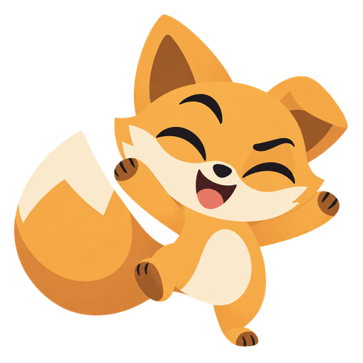 Hup, the apps’ orange fox, cheering with both arms up.