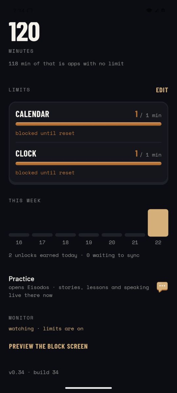 Scroll on Purpose’s home screen: 120 minutes of screen time today, two test limits on Calendar and Clock, a week chart, and a Practice link that opens Doorway.