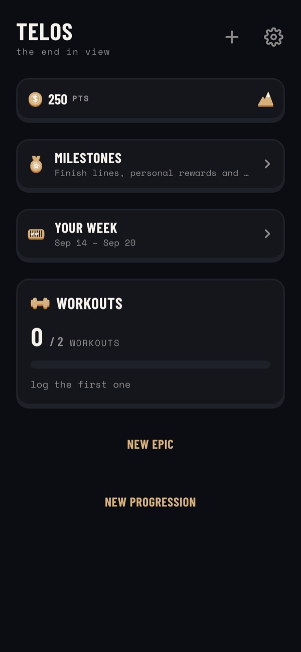 The Days on Purpose web app’s home on a phone: points, Milestones, Your week, and a Workouts goal at 0 of 2 with the prompt “log the first one”.
